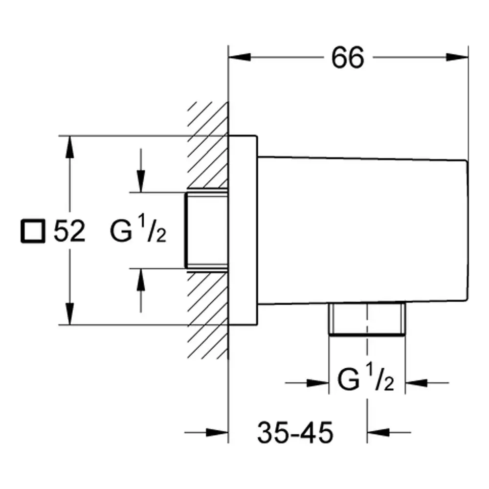 Grohe Wandanschlussbogen mit Außengewinde, Display mit Maßen und Anschlussdetails. Übersichtliche technische Zeichnung, geeignet für Installationen.