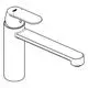Chromfarbene Waschbeckenarmatur von Grohe mit mittelhohem Auslauf und flachem Hebel zur Wassersteuerung, in schlichter Bauform.