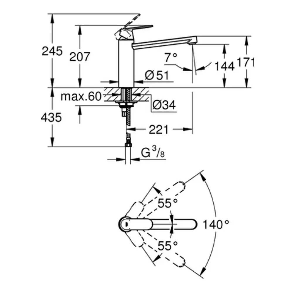 Küchenarmatur mit mittelhohem Auslauf, von Grohe, dargestellt in einer technischen Zeichnung mit Maßen und Bewegungswinkel des Auslaufrohrs.