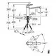 Grohe Armatur mit mittelhohem Auslauf, dargestellt in technischen Details. Seitenansicht mit Maßen und Montageanleitung für Niederdrucksysteme.