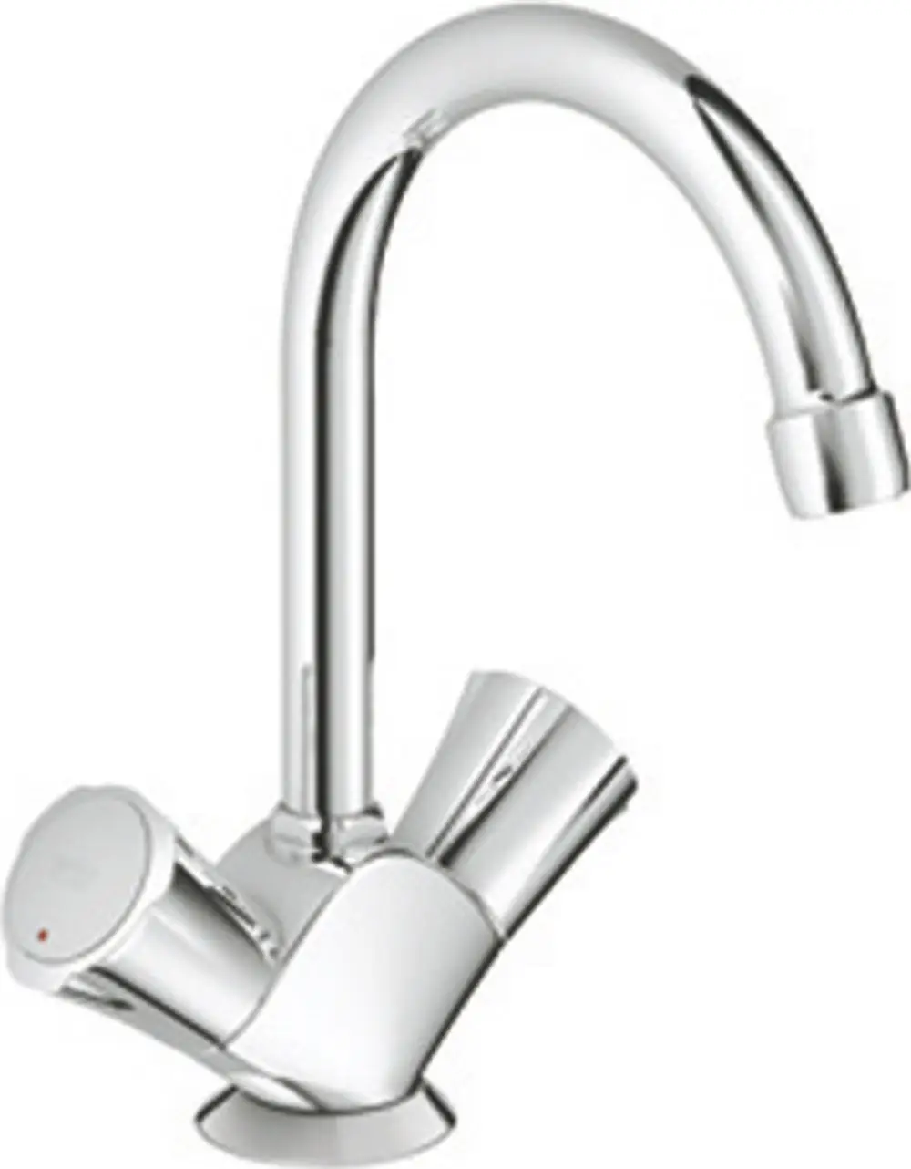 Chromene Grohe Wasserarmatur mit einem hohen Auslauf und zwei Griffen zur Temperatur- und Wassermengenregulierung. Zugehörige Ablauffunktion erkennbar.