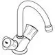 Grohe-Waschtischarmatur mit zwei Griffen und gebogenem Auslauf. Der Wasserhahn zeigt einen seitlichen Betätigungshebel und eine Abflussgarnitur.