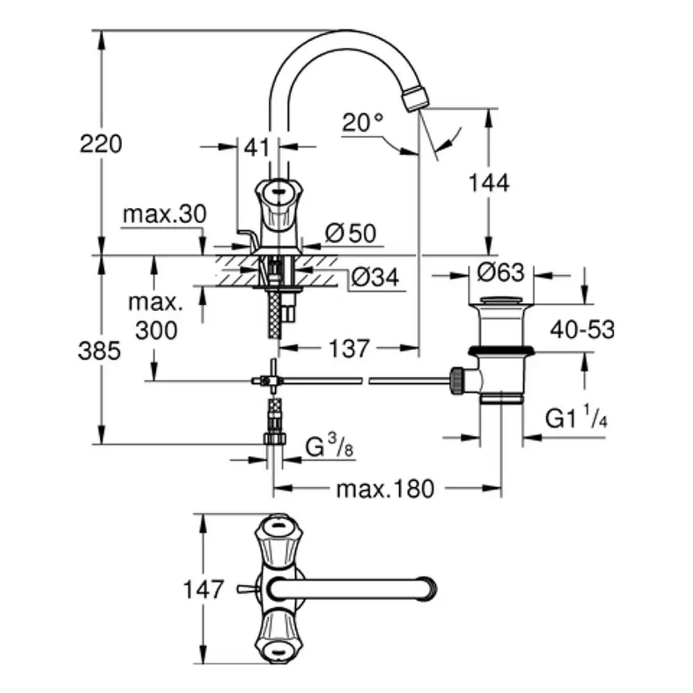 Grohe 2-Griff-Waschtischarmatur mit Zugstangen-Ablaufgarnitur in Chrom, schematische Darstellung mit Maßangaben und Montagehinweisen.
