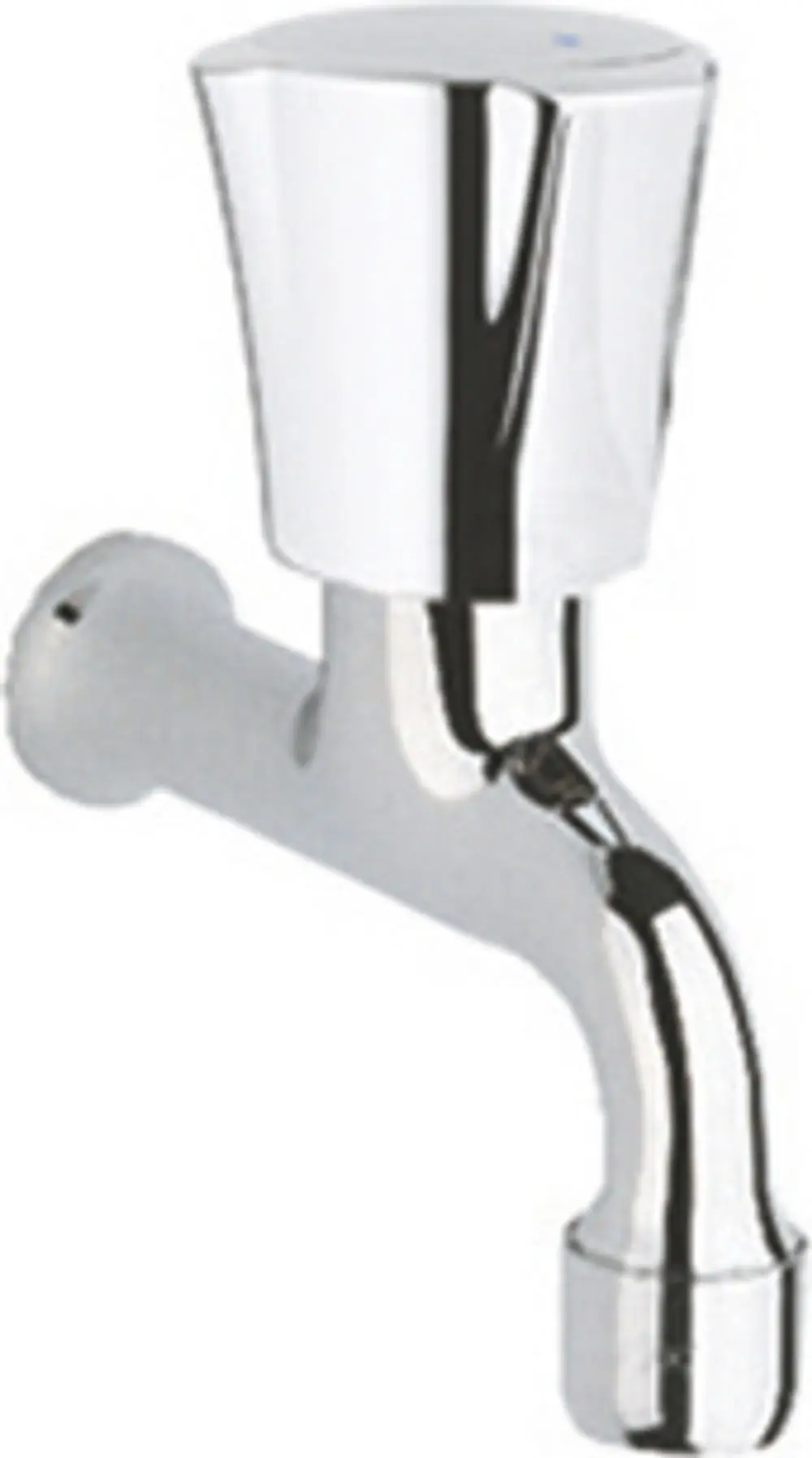 Chromfarbenes Auslaufventil von Grohe, wandmontiert, mit einer geraden Wasserabgabe und einfachem Betätigungsmechanismus.