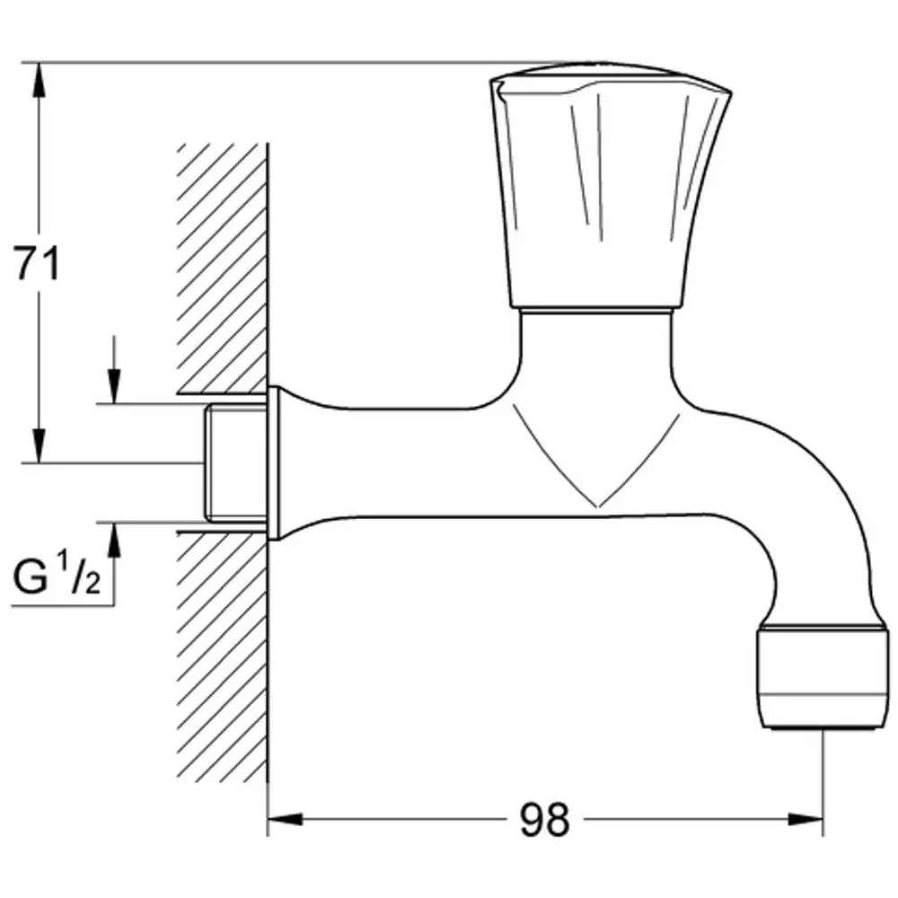 Wandmontiertes Auslaufventil von Grohe in Chrom, mit einfacher Konstruktion und seitlichem Wasseranschluss. Maße sind auf der technischen Zeichnung angegeben.