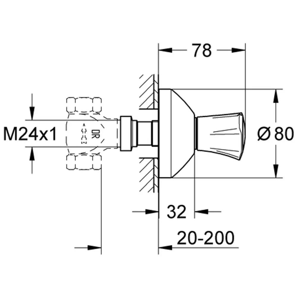 GROHE Oberbauventil mit einem Durchmesser von 80 mm und einer Einbautiefe von 20 bis 200 mm, dargestellt in einer schematischen technischen Zeichnung.