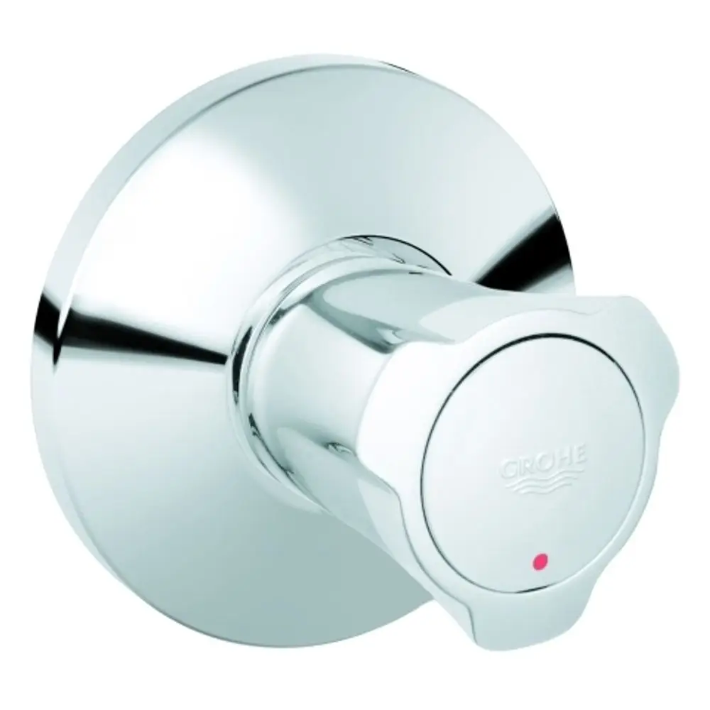 Wasserhahn von Grohe mit runder Wandplatte und drehbarem Bedienknopf. Der Knopf hat eine rot gefärbte Markierung.