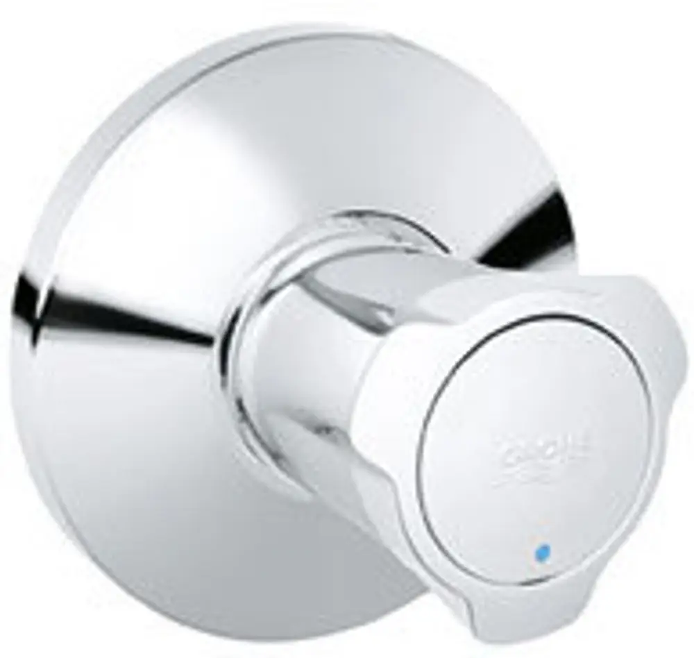 Grohe-Wasserhahn mit runder Chromplatte und einem Drehgriff für die Temperatur- und Wassermengenregulierung, montiert in einer Badezimmerumgebung.