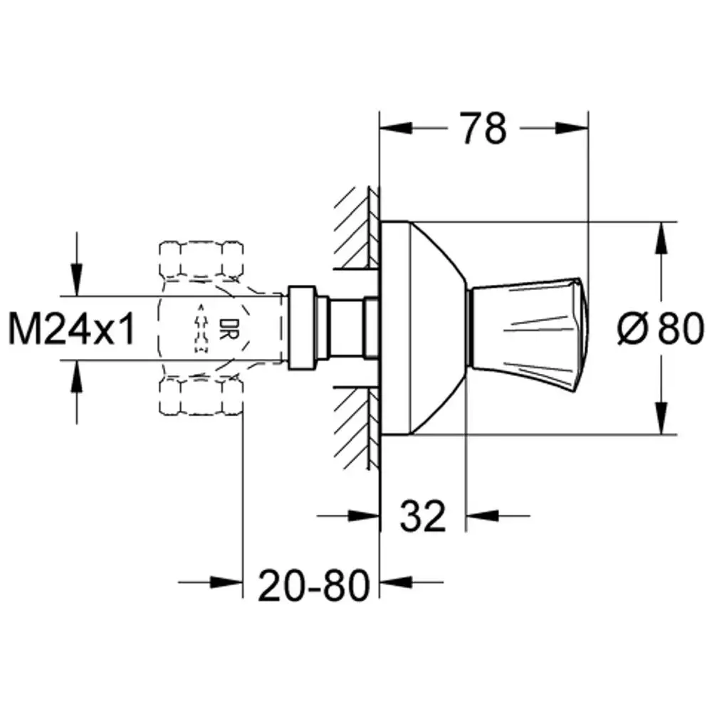 GROHE Ventil mit flachem Design, das eine Einbautiefe von 20-80 mm ermöglicht. Ansicht von der Seite mit Abmessungen und Anschlussdetails.