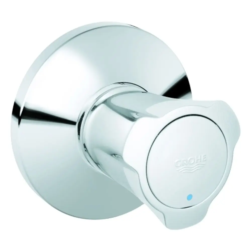 Chromfarbener Drehregler von Grohe mit runder Basis. Das Design enthält einen blauen Indikator. Ideal zur Temperatur- oder Durchflussregelung in Sanitäranlagen.