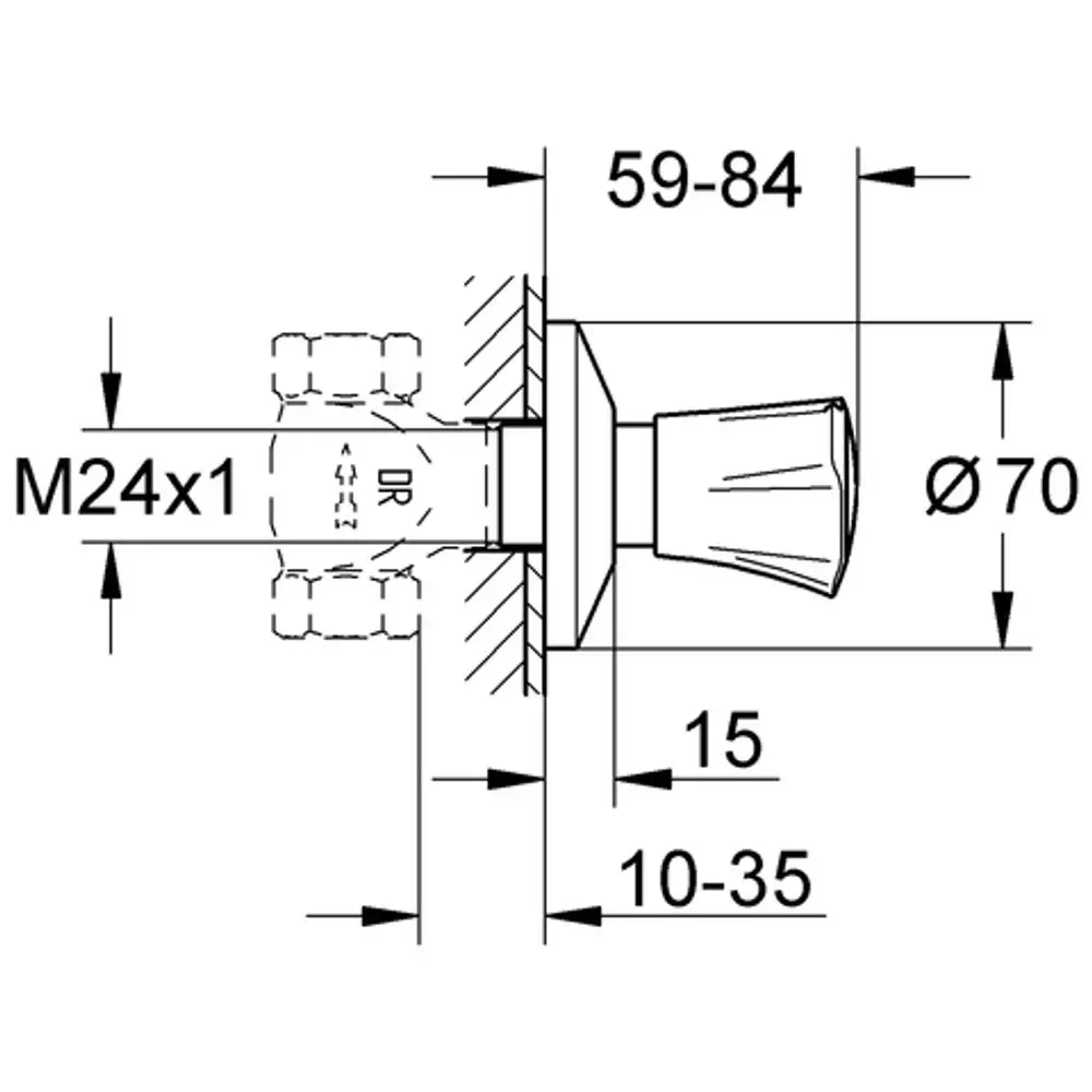 Grohe Ventil mit runder Abdeckung und M24x1-Gewinde, Einbautiefe regulierbar zwischen 10-35 mm, Durchmesser 70 mm, zur Montage an Wandflächen.