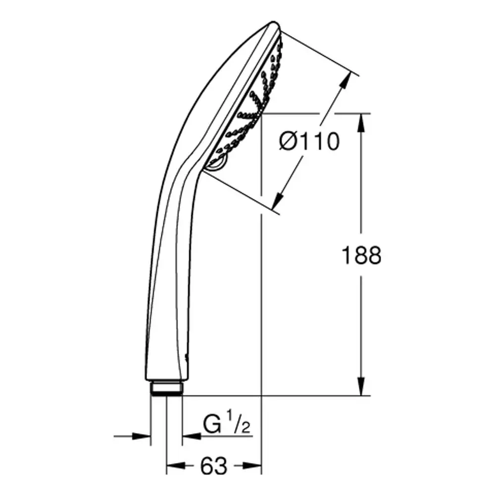 Handbrause von Grohe mit ergonomischem Griff und mehreren Strahlarten. Die Technik ist für eine einfache Montage geeignet, abgebildet aus der Seitenansicht mit Maßangaben.