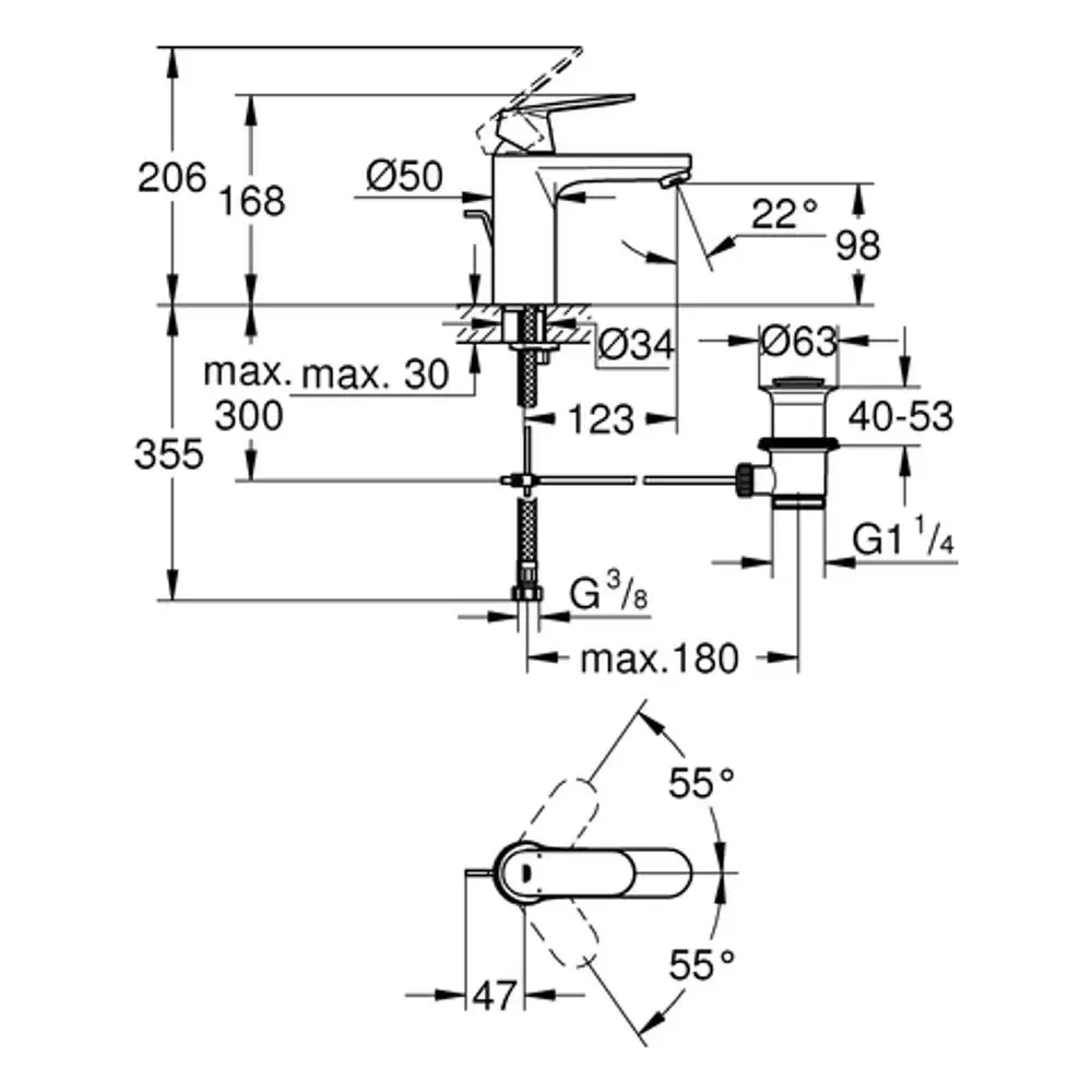 Grohe-Waschtischbatterie mit mittelhohem Auslauf, einhebeliger Bedienung, Zugst.-Ablaufgrt., vertikale Montage, Maßzeichnungen unten mit technischen Spezifikationen.