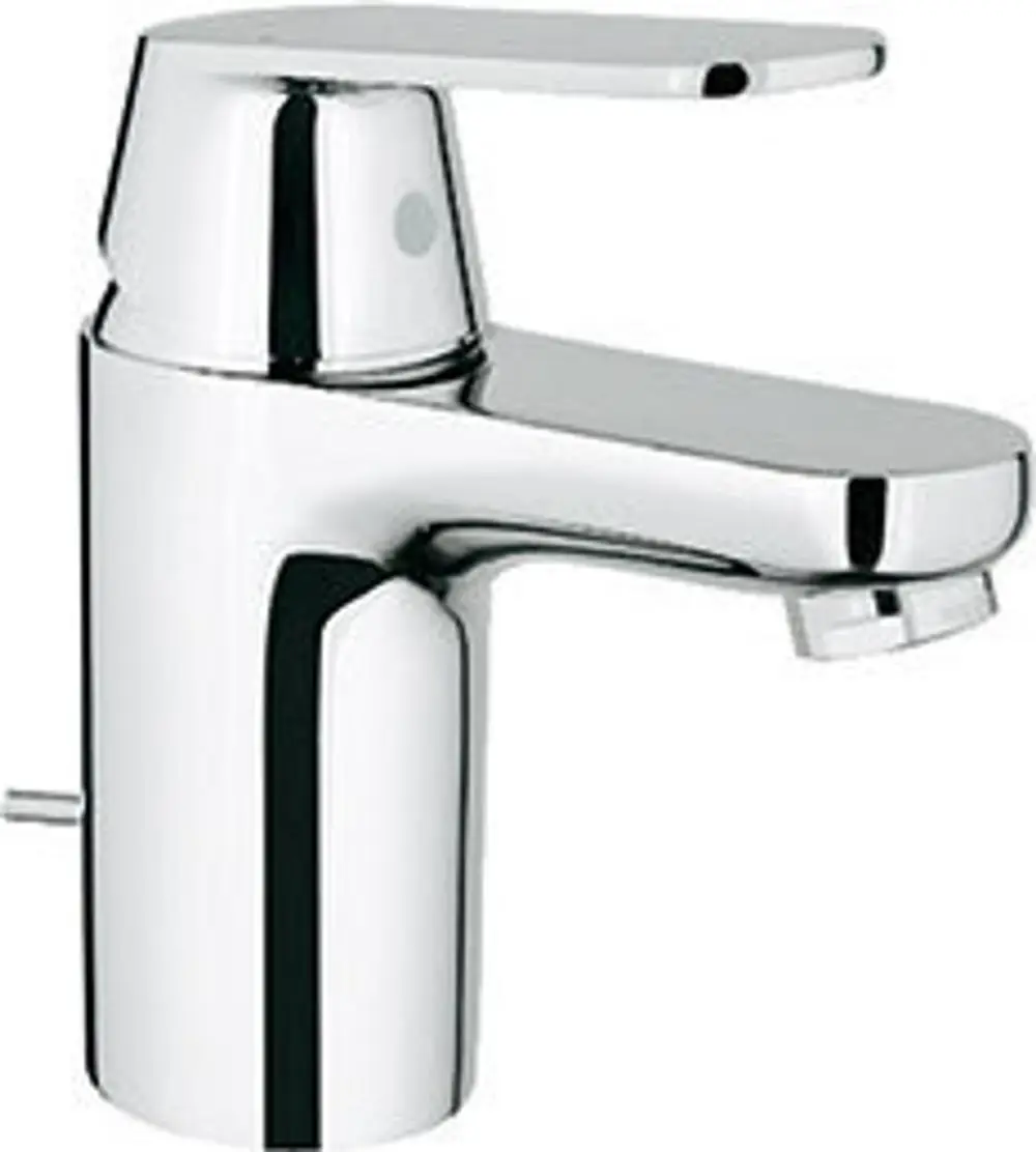 Kromfarbener Waschtischmischer von Grohe mit flachem Hebel und Zugstangen-Ablaufgarnitur, geeignet für Waschbeckenmontage.