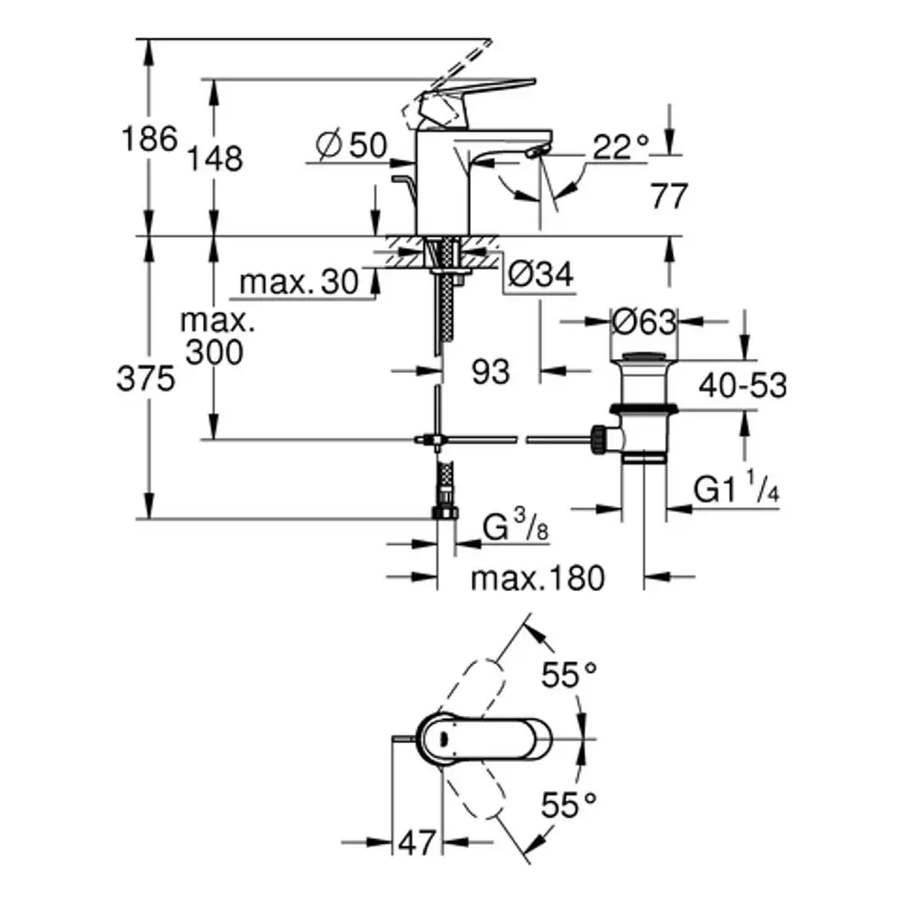 Grohe Waschtischbatterie mit Hebelgriff und Zugstangen-Ablauf, abgebildet in technischer Zeichnung mit Angaben zu Maßen und Anschlüssen.