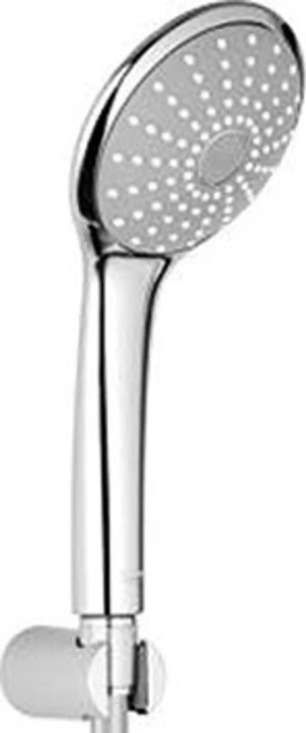 Grohe Duschkopf in verchromter Oberfläche mit Wasserstrahldüsen, montiert an einem Wandhalter. Das Design ist schlicht und funktional.