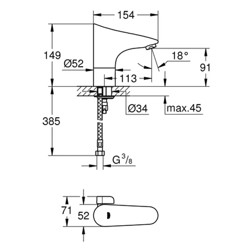 Grohe-Wasserhahn mit integrierter Infrarot-Technologie und senkrechter Montage. Sichtbare Anschlüsse und Maße sind im technischen Diagramm dargestellt.