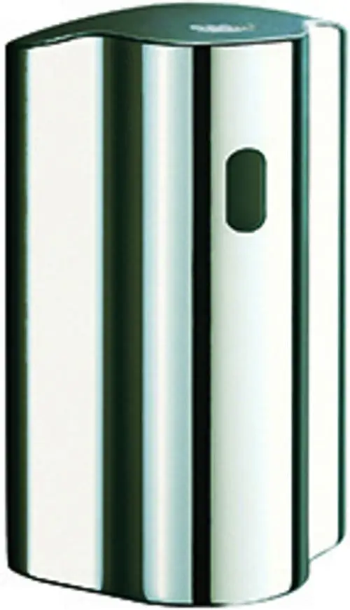 GROHE-Produkt in Chrom mit ovaler Form und einer seitlichen Öffnung, vermutlich für einen Einbauspüler oder Spülmechanismus designed.