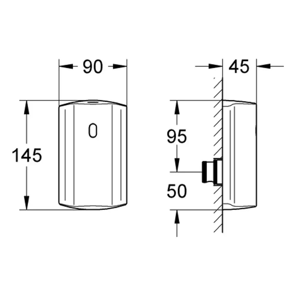 Technisches Zeichnungsdiagramm einer Umrüsteinheit mit Maßangaben, die die Form und Befestigungsmöglichkeiten zeigen, von Grohe.