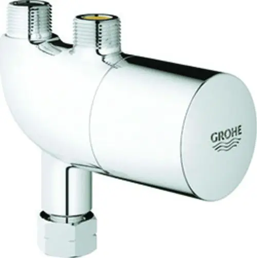 Chromfarbener Thermostatventil von Grohe mit zwei Anschlussmöglichkeiten und einer runden Kappe. Ideal für die Installation in Sanitäranlagen.