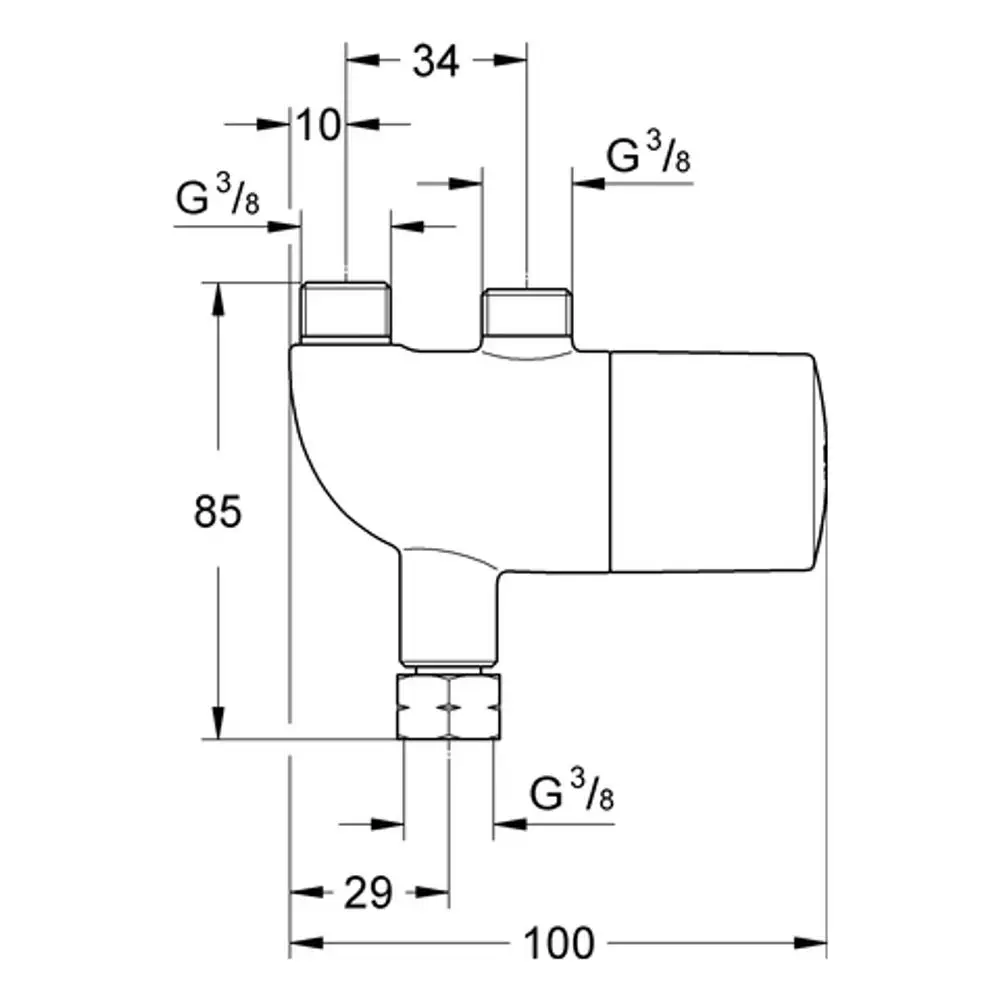 GROHE Thermostat zur Verbrühschutz- und Untertischinstallation mit zwei Anschlüssen und einem Wasserauslass, abgebildet in technischer Zeichnung.
