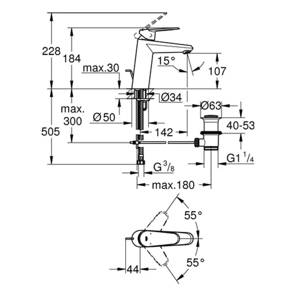 Waschtischbatterie mit mittelhoher Ausführung und chromfarbener Oberfläche von Grohe. Technische Zeichnung mit Maßen und Details zu Montage und Funktion.