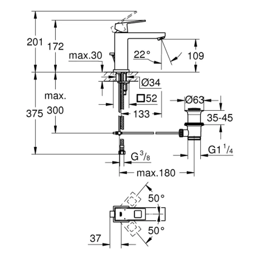 Grohe-Waschtischbatterie mit mittelhoher Ausführung in Chrom. Technische Zeichnung zeigt Maße und Anschlussdetails für die Installation.