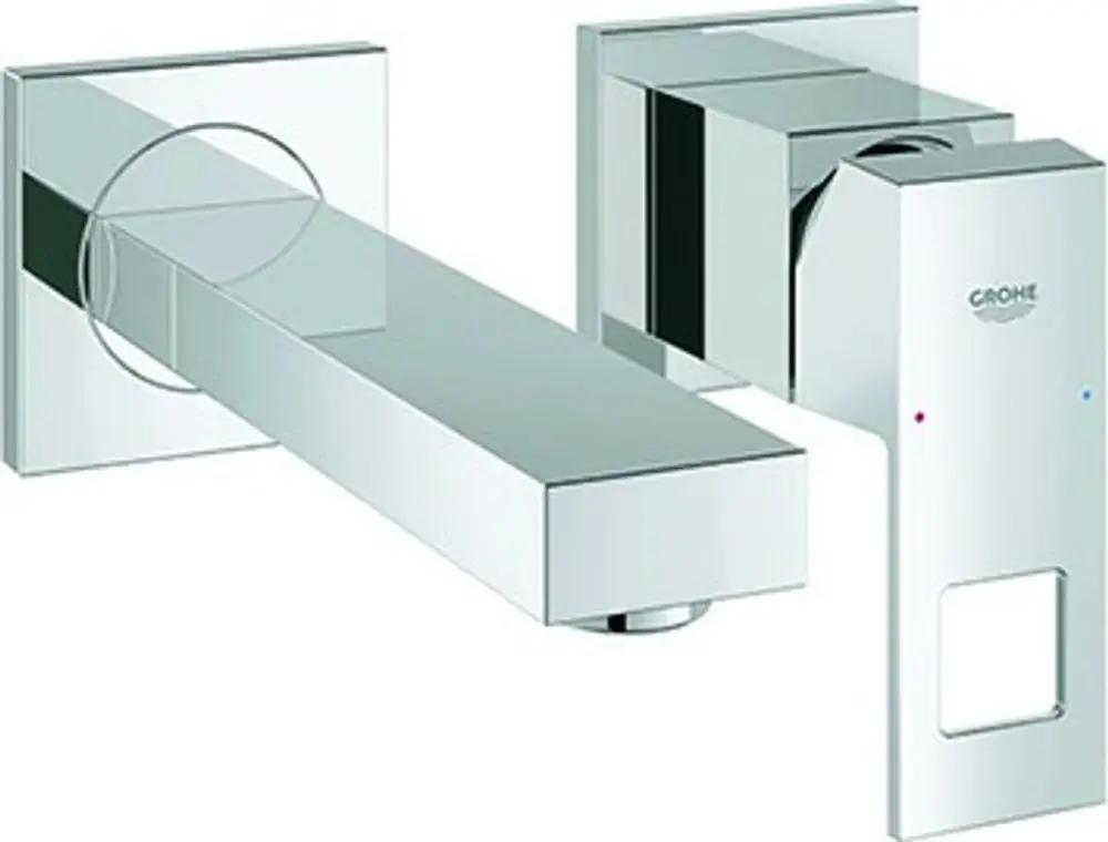 Wandeinbau-Armatur mit einem ausgeführten Wasserhahn und einem separaten Bedienhebel. Die Oberfläche ist in Chrom-Optik gehalten. Produkt von Grohe.