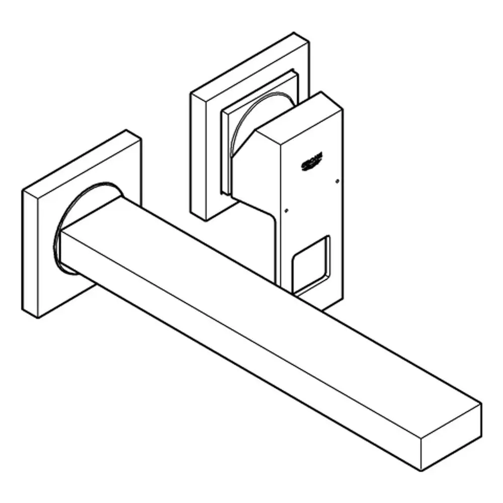 Wandmontierte Badezimmerarmatur von Grohe mit zwei Anschlüssen, rechteckigem Design und integrierter Auslaufarmatur, geeignet für die Installation an einer Wand.