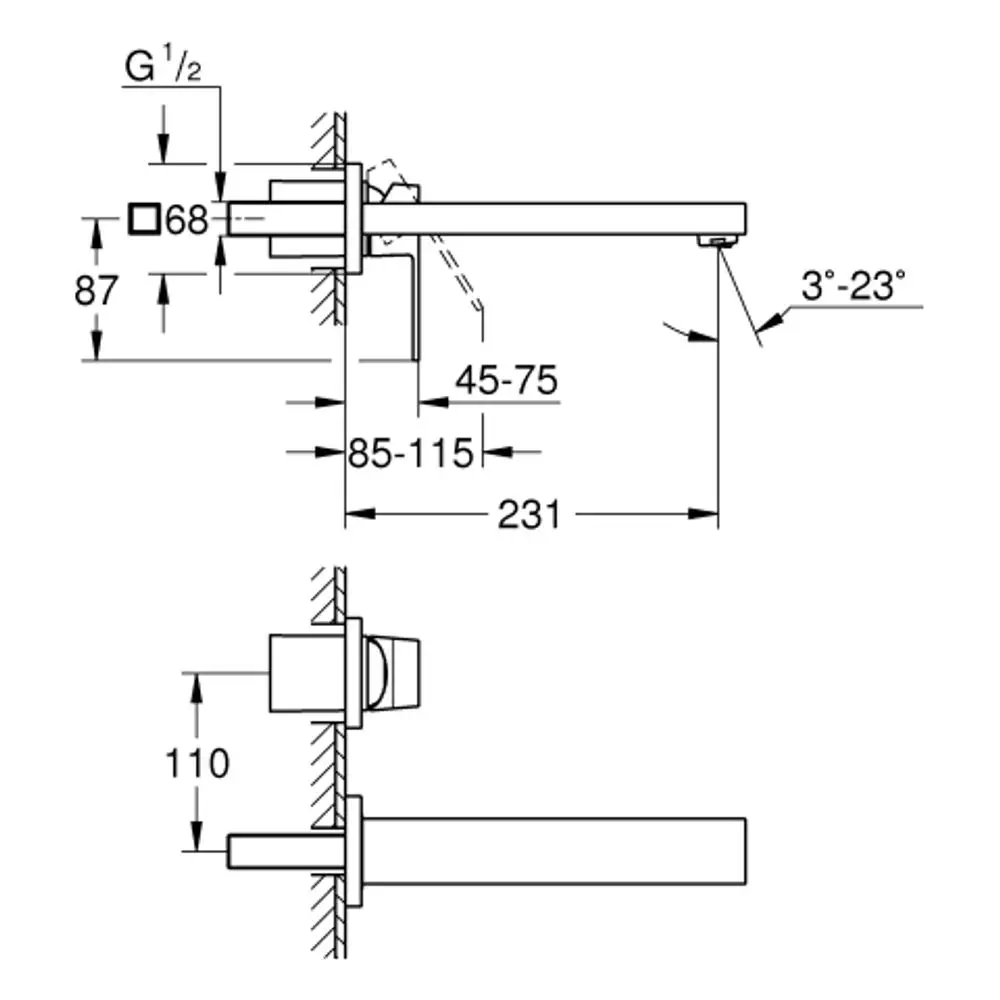 Schematics für eine GROHE-Wandbatterie mit zwei Anschlüssen. Seitenansicht und Detailmaße sind abgebildet, einschließlich Montageinformationen und Winkeleinstellungen.
