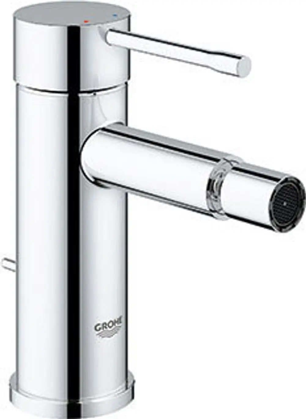 Chromene Einhand-Bidetbatterie von Grohe mit einem zentralen Hebel und einem abgewinkelten Auslauf. Anpassung durch die Zugstangen-Ablaufgarnitur.