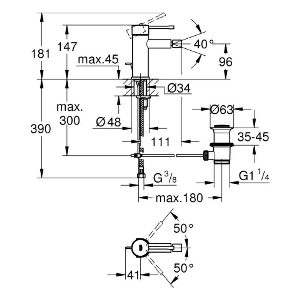 Diagramm einer Einhand-Bidetbatterie von Grohe mit Maßangaben und technischen Details zur Installation, einschließlich Ablaufgarnitur und Verbindungselementen.
