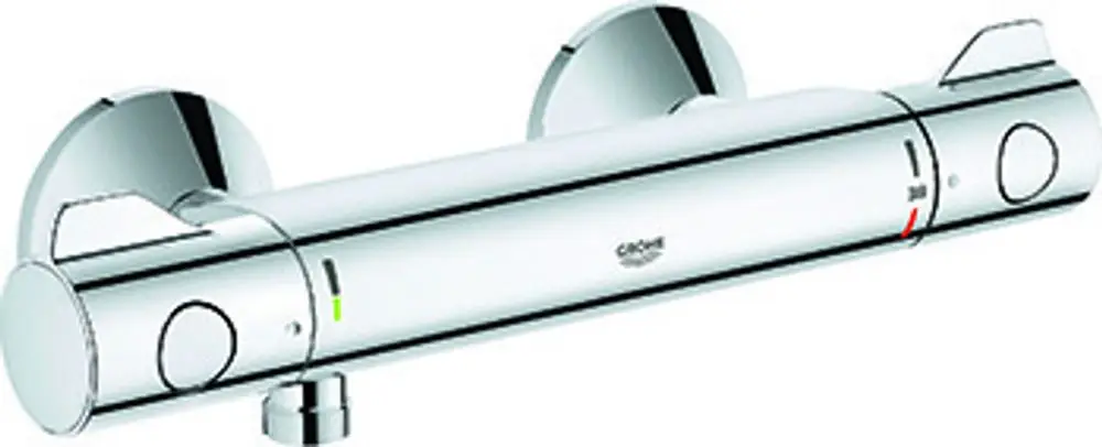 Wandmontierte Brausebatterie in Chromoptik von Grohe mit zwei Verstellknöpfen für Wassertemperatur und Durchfluss sowie einem Anschluss für die Dusche.