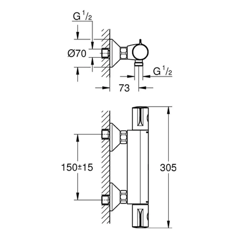 Montierte Brausebatterie mit zwei Anschlüssen. Die Konstruktion zeigt eine Wandmontage mit unterschiedlichen Abmessungen. Produkt von Grohe, geeignet für Badezimmerinstallation.