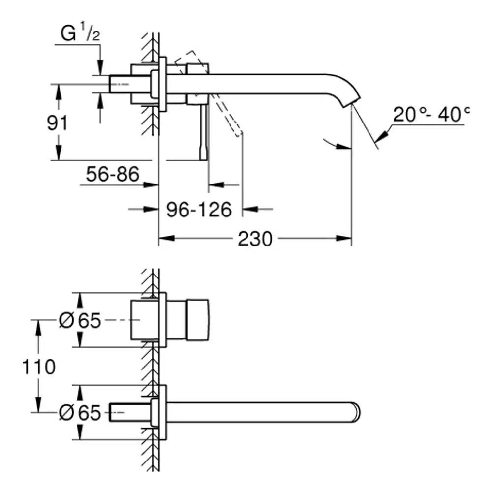 Grohe Wandbatterie mit zweiöffnigem Anschluss, grafische Darstellung der Dimensionen und Montageanforderungen, horizontaler Auslauf.