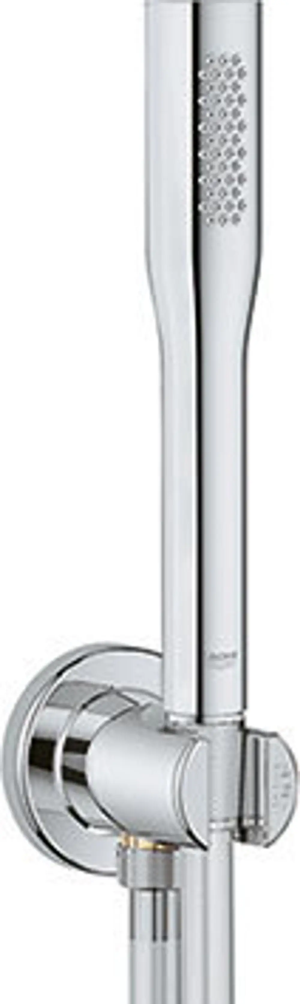 Wandhalterung aus verchromtem Material mit integrierter Wandanschlusskonstruktion, geeignet für Duschsysteme der Marke Grohe.