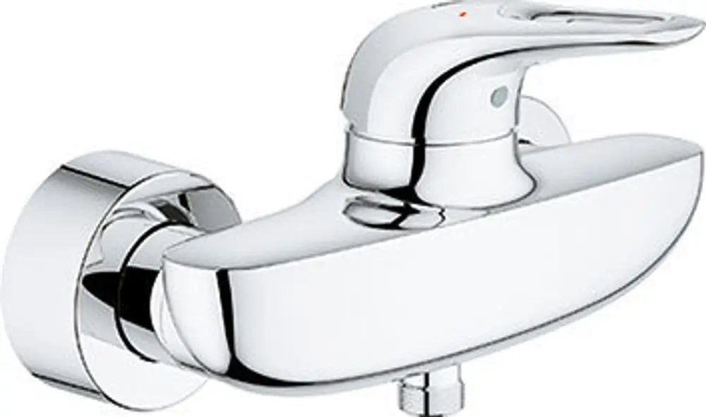 Chromfarbene Wandmontage-Brausebatterie von Grohe mit einem einhandbetriebene Hebel und einfacher, runder Form. Ideal für Badezimmerinstallationen.
