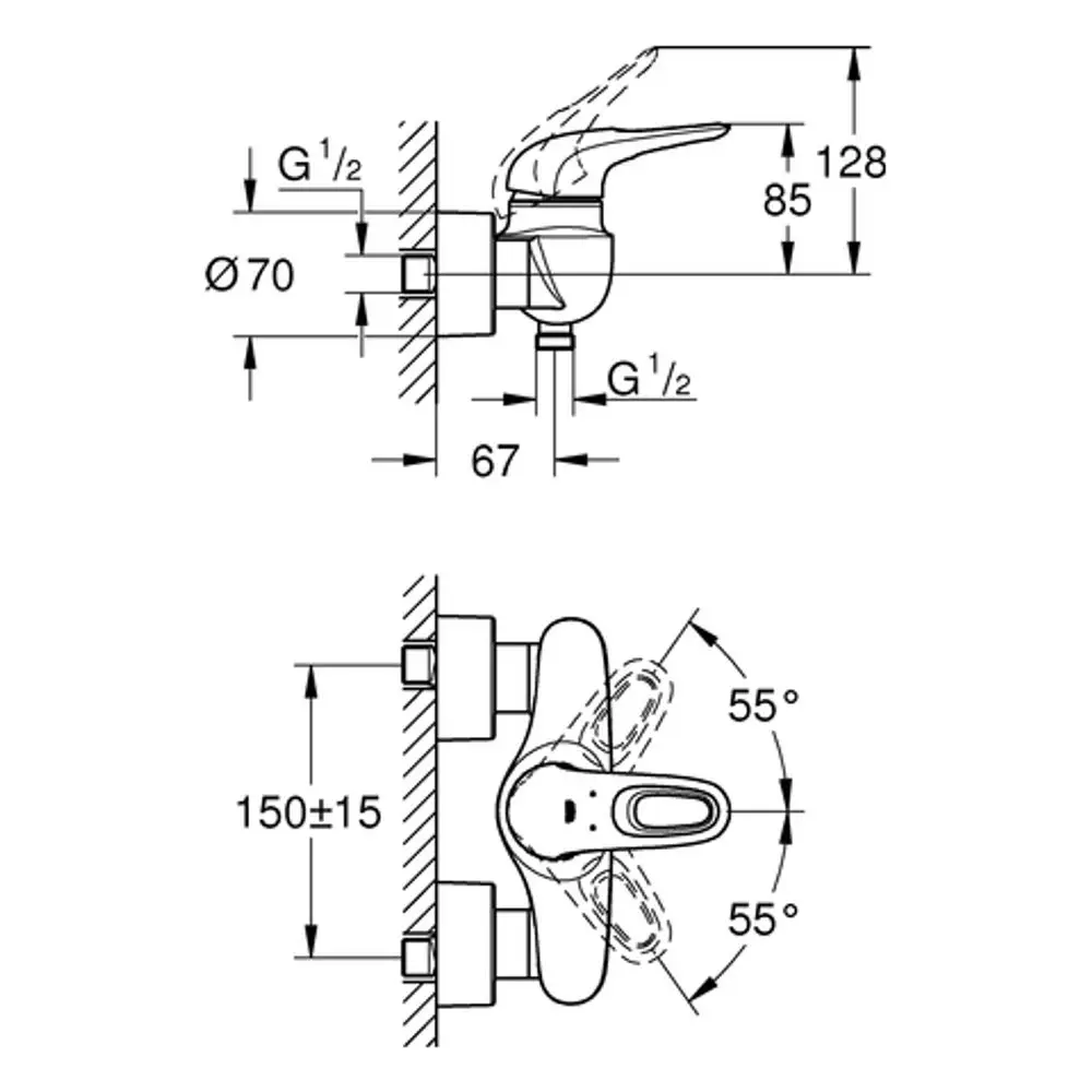 GROHE Einhand-Brausebatterie in Wandmontage mit verschiedenen Maßangaben und einem Bedienhebel, dargestellt aus seitlicher und frontaler Perspektive.
