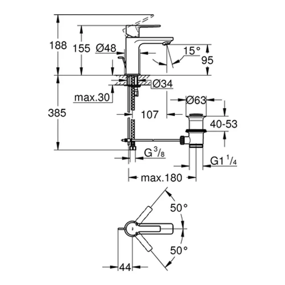 Technische Zeichnung einer Grohe-Waschtischbatterie mit Maßangaben, die die Installation und die Position der Komponenten zeigt.