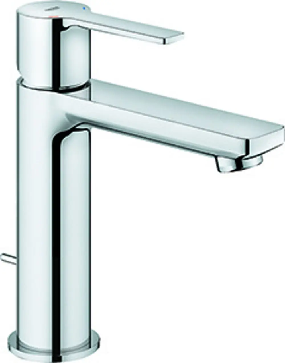 Waschtischbatterie aus glänzendem Material mit einem einfachen Hebelmischer und einer horizontalen Auslaufdüse, hergestellt von Grohe.