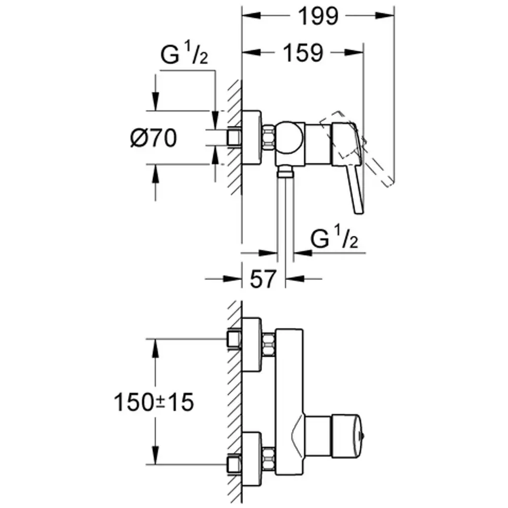 Wandmontierte Brausebatterie von Grohe mit einem Hebel und Anschlüssen. Das Diagramm zeigt Maße und Bohrungen für die Installation.