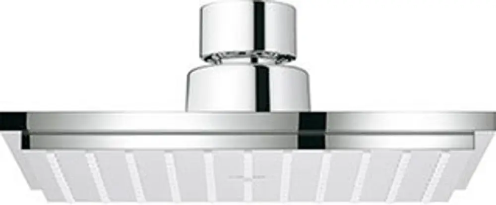 Chromene Kopfbrause von Grohe mit flachem, quadratischem Design und mehreren Wasserstrahldüsen, montiert an einem zentralen Anschluss.