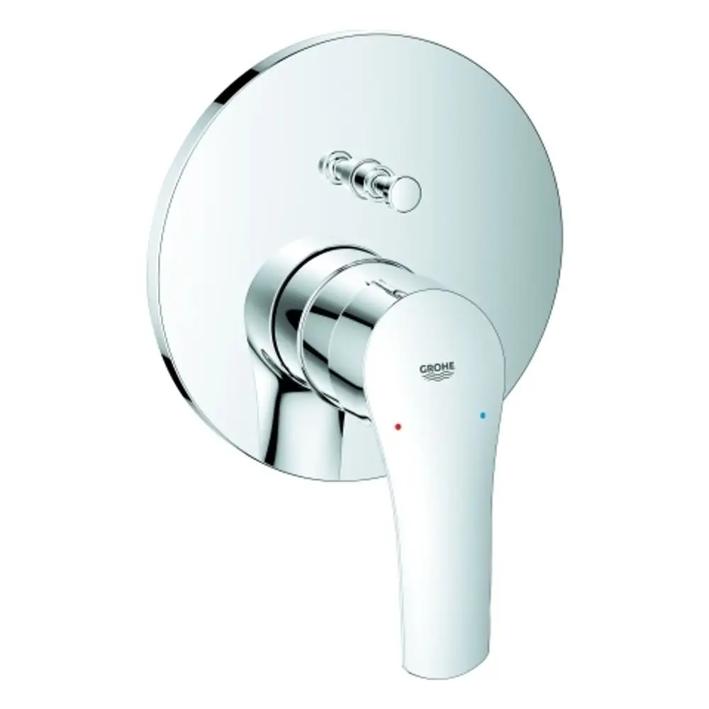 Wannenbatterie von Grohe mit runder Wandplatte und verchromter Oberfläche. Einhebelmischer mit Temperatur- und Bedienungselementen in einem modernen Design.