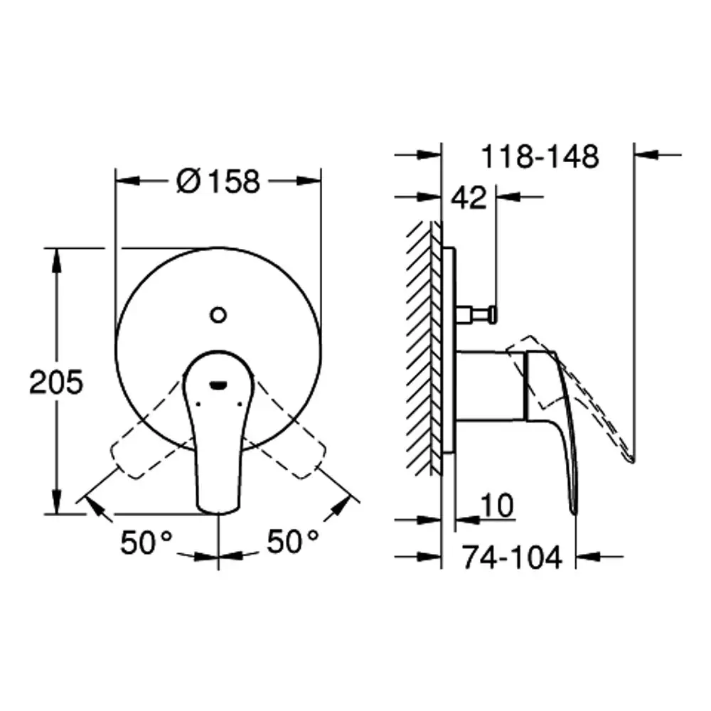 Technische Zeichnung eines Grohe-Armaturensets mit Ansicht von vorne und der Seite, einschließlich Maßangaben und Installationsdetails.