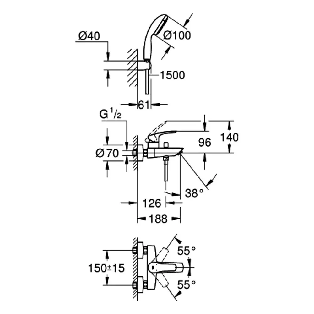 Grohe Wandmontagearmatur mit integrierter Brausegarnitur. Technische Zeichnung zeigt Maße und Anschlussdetails. Entwurf für die Installation in Duschbereichen.