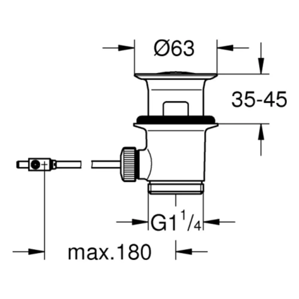 GROHE Ablaufgarnitur in chrom, mit einem Durchmesser von 63 mm, seitlichem Anschluss, verstellbarer Höhe von 35 bis 45 mm und G1¼ Gewinde für den Waschtisch.