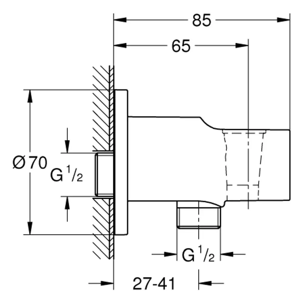 Grohe Wandanschlussbogen aus Metall mit Wandbrausehalter, Anschlussgewinde G½, montiert an einer Wand, Durchmesser Ø70, Länge 85 mm.