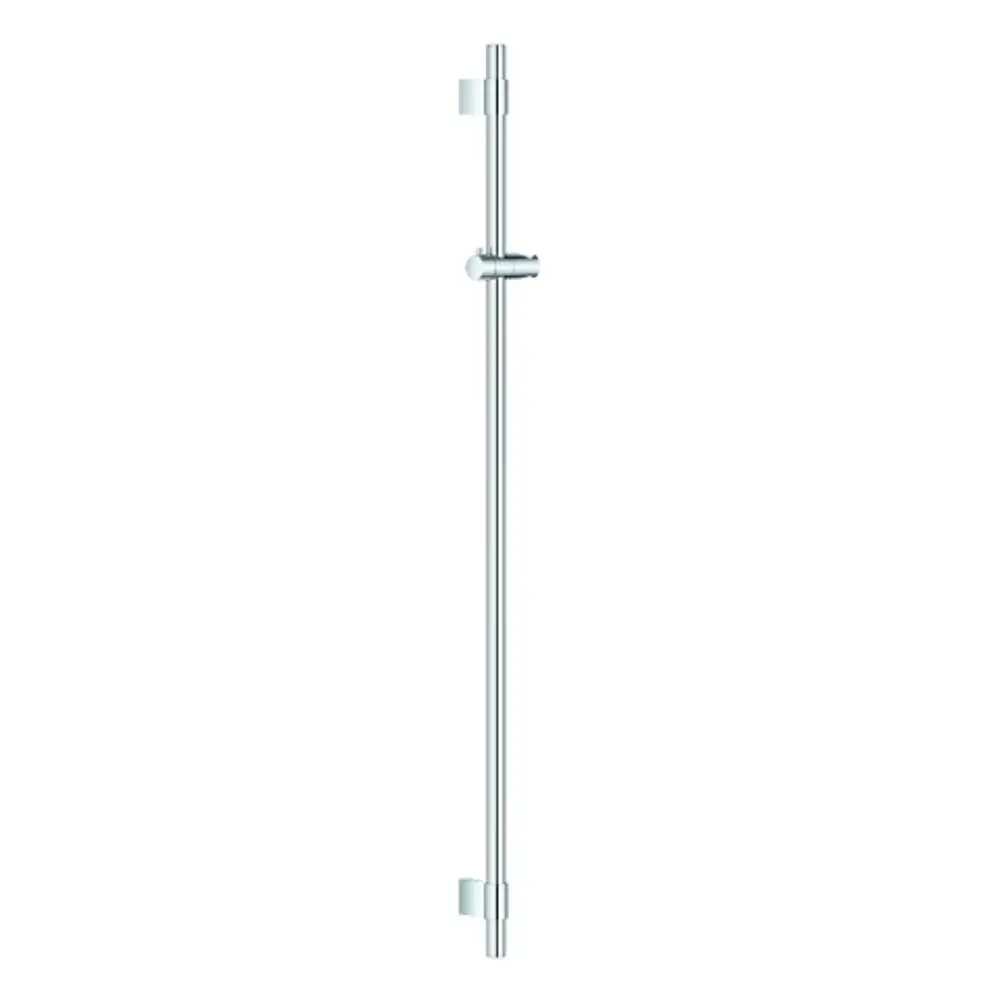 Helle, vertikale Brausestange aus chromfarbenem Metall von Grohe, hochkant angebracht, mit zwei Halterungen für Duschsysteme.