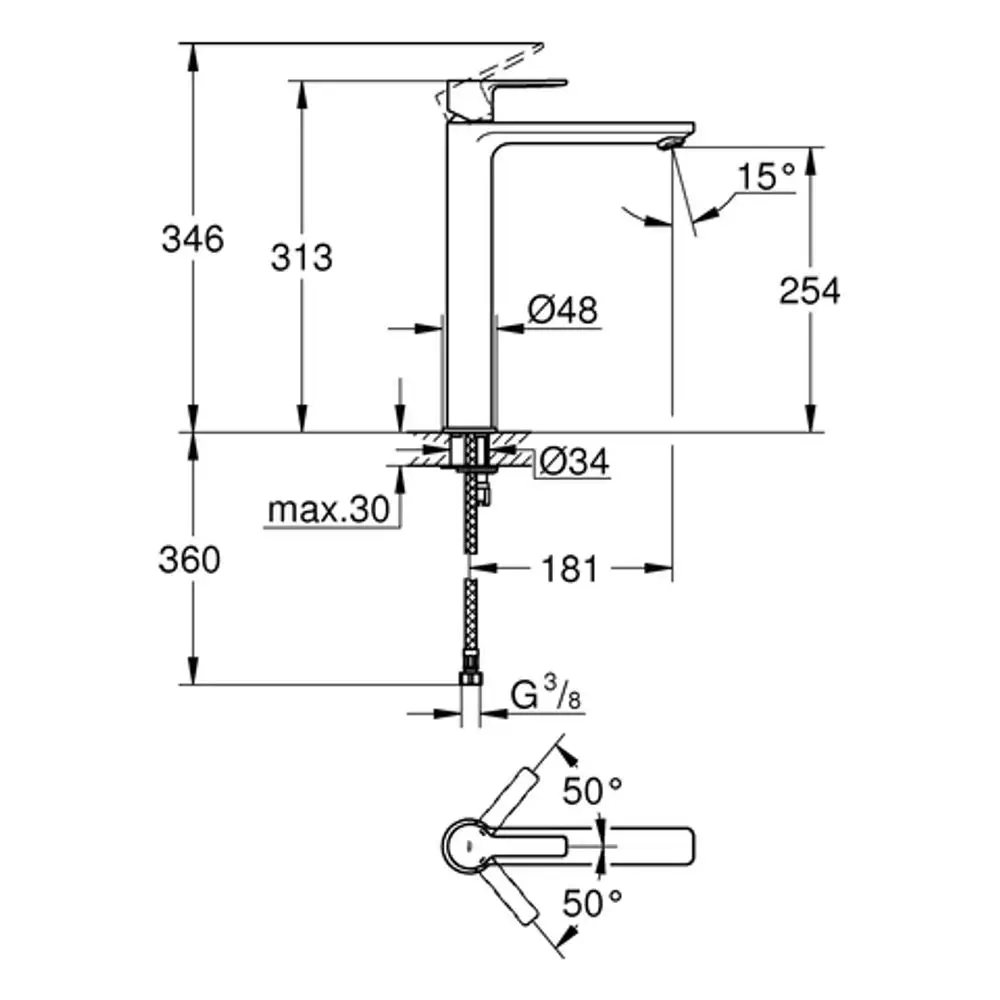 GROHE Einhand-Waschtischbatterie mit klaren Linien. Ansichte von vorne und seitlich, Maße und Montagehinweise sind in technischen Zeichnungen dargestellt.