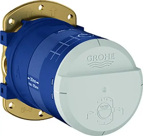 Rundes, blaues Grohe Rohbauset mit weißem Deckel für eine Kopfbrause, montierbar an Wand, mit Anschlüssen und Befestigungselementen für die Installation.